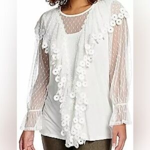 White floral blouse with sheer sleeves and lace detailing#kate…